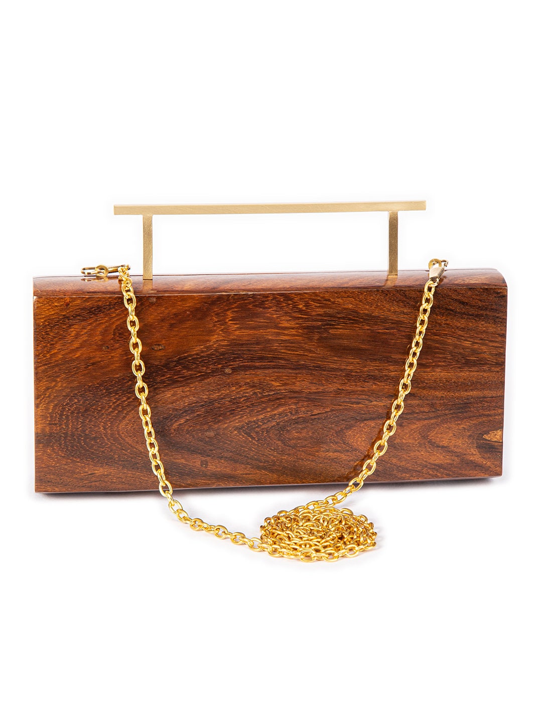Rectangular Solid Brown Handcrafted Wooden Sling Bag - Elegant Natural Wood Clutch