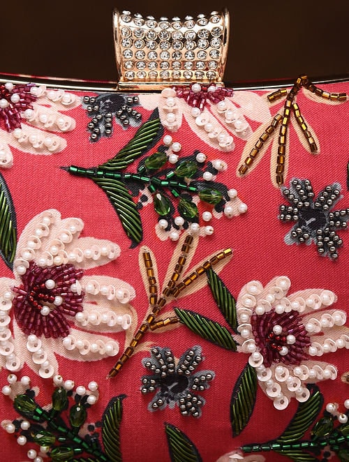 Red Rectangular Hand Embroidered Silk Clutch