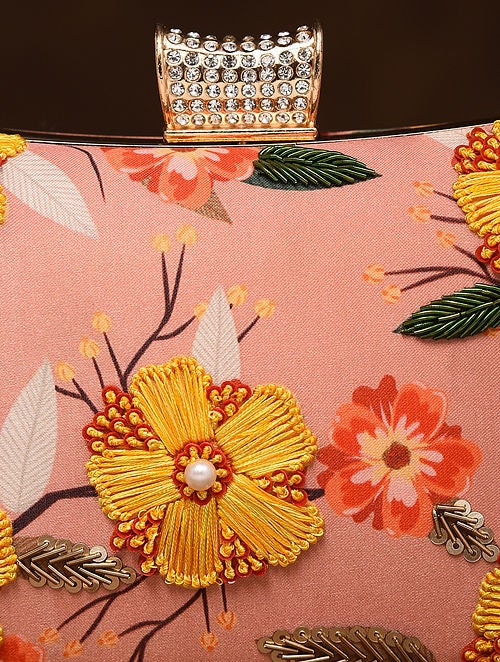 Peach Embroidered Silk Rectangular Clutch