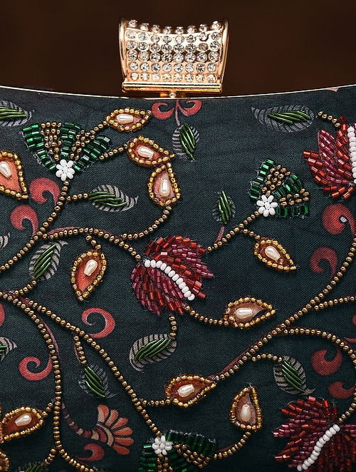 Black Embroidered Rectangular Silk Clutch