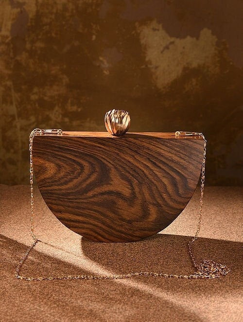 Semi Circular Brown Handcrafted Wooden Clutch Sling Bag
