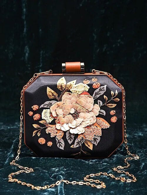 Black Hand Embroidered Square Clutch with Floral Embroidary