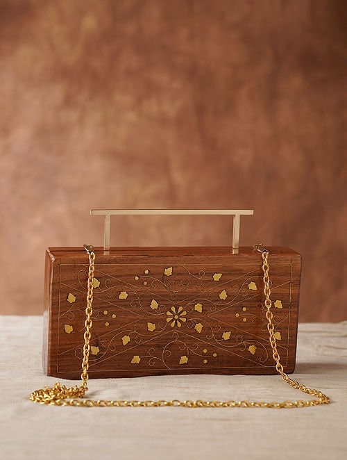 Rectangular Brown Handcrafted Wooden Sling Bag - Elegant Natural Wood Clutch with engraving