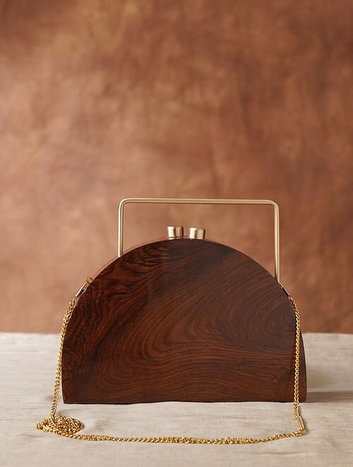 Semi Circular Brown Handcrafted Wooden Clutch with Brass Handle - Elegant Natural Wood Clutch