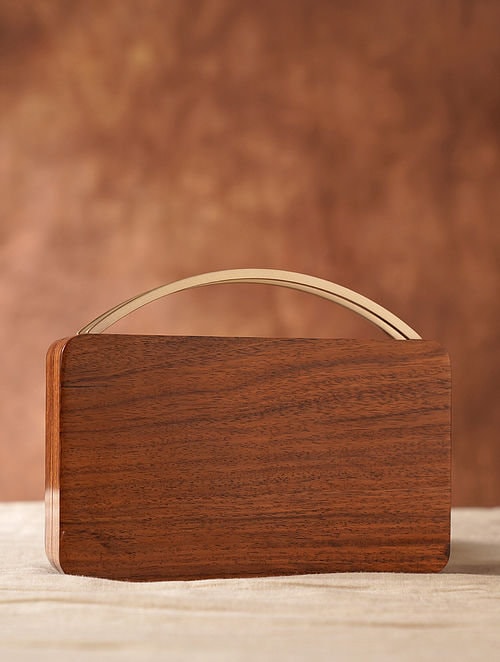 Rectangular Brown Handcrafted Wooden Sling Bag - Natural Wood Clutch with brass embellishment