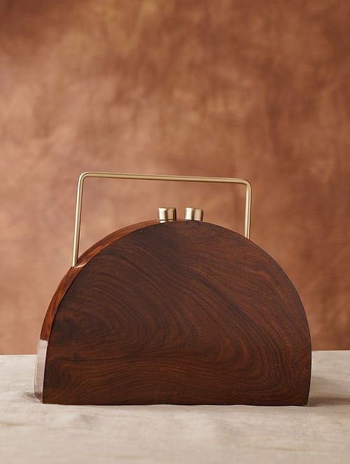 Semi Circular Brown Handcrafted Wooden Clutch with Brass Handle - Elegant Natural Wood Clutch