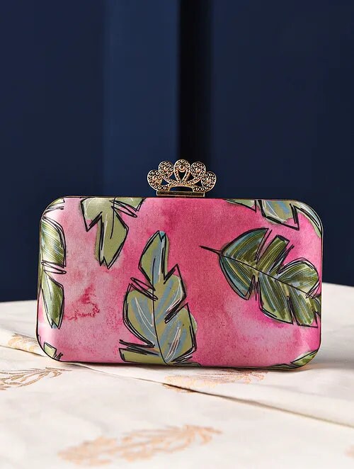 Pink Embroidered Silk Rectangular Clutch with Gold Chain