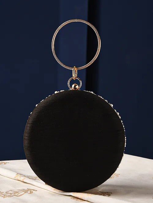 Black Hand Embroidered Round Clutch with Bead Work