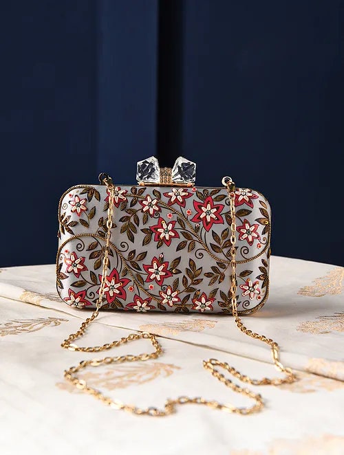Grey Embroidered Silk Rectangular Clutch with Gold Chain