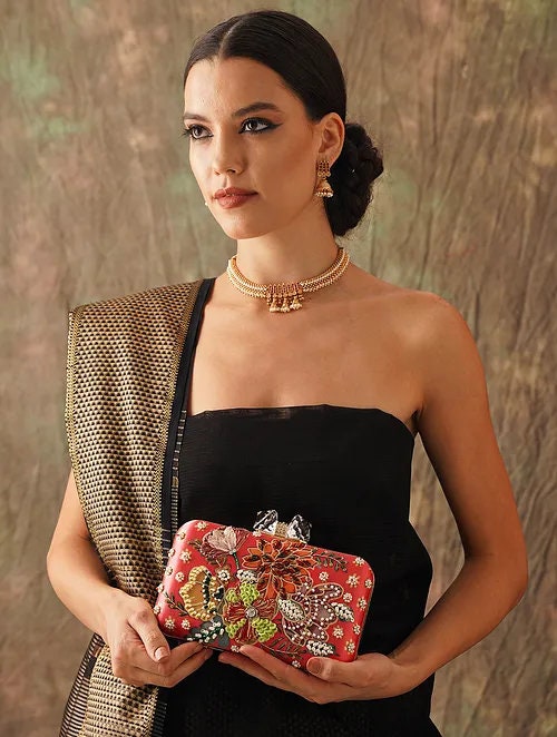 Red Embroidered Silk Clutch with Gold Sling Chain