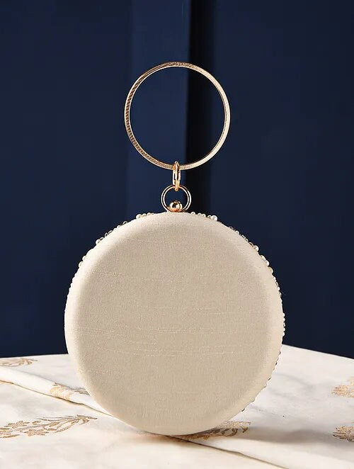 White Hand Embroidered Round Clutch with Bead Work