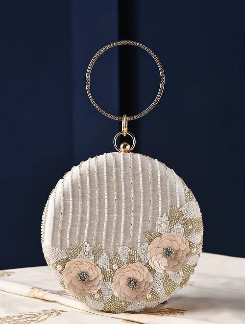 Off White Hand Embroidered Round Clutch with Bead Work