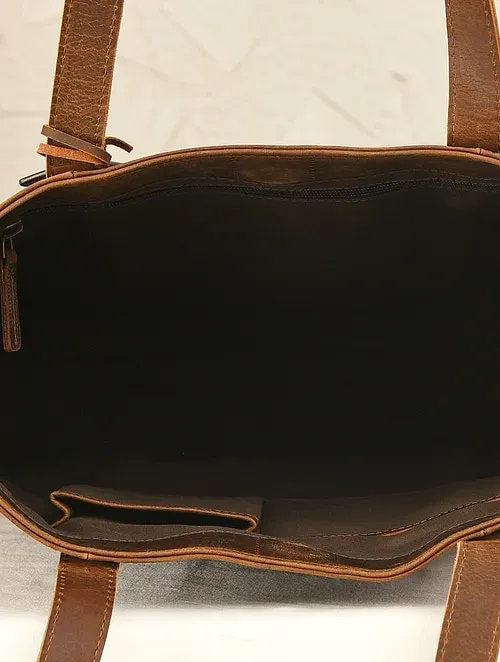 Brown High Quality Genuine Leather Open Top Tote Bag