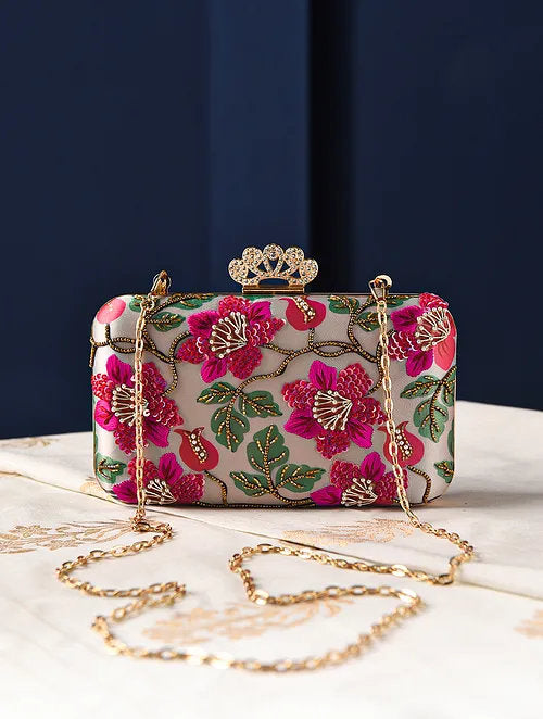 Grey Embroidered Silk Clutch with Floral Embroidary