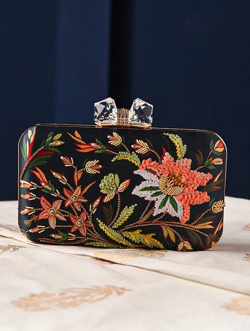 Black Embroidered Silk Rectangular Clutch with Gold Chain