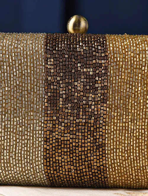 Black and Gold Embroidered Silk Rectangular Clutch