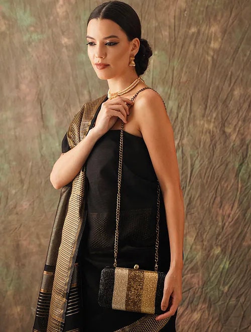 Black and Gold Embroidered Silk Rectangular Clutch