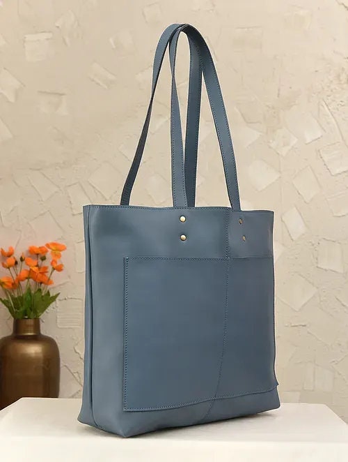 Blue High Quality Genuine Leather Tote Bag