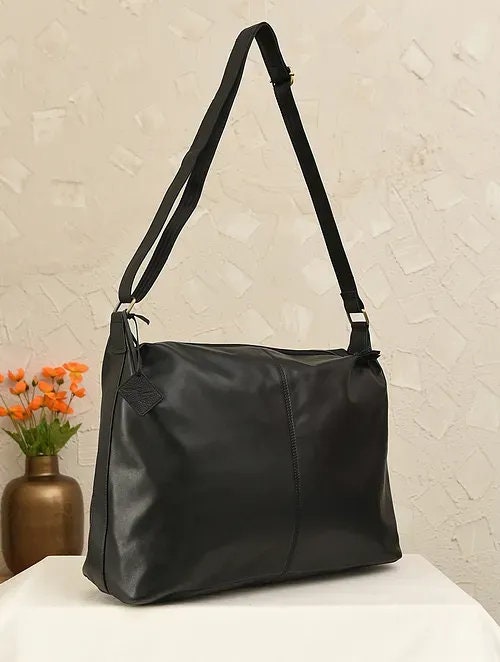 Black High Quality Genuine Leather Tote Bag with adjustable strap
