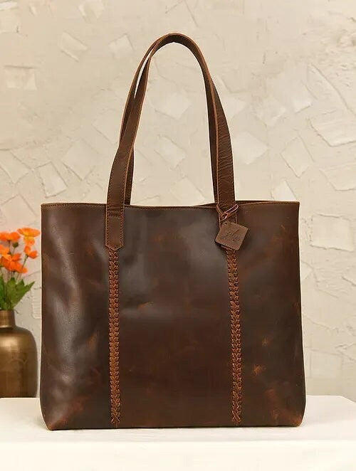 Brown High Quality Genuine Leather Open Top Tote Bag