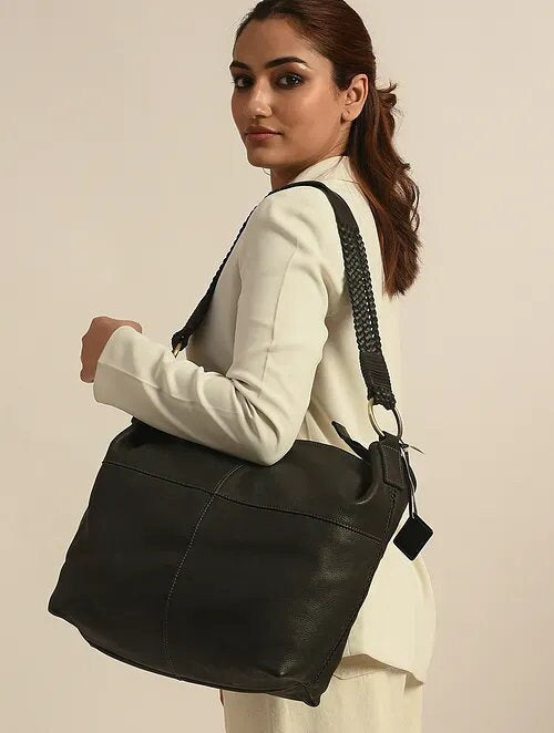 Black High Quality Genuine Leather Tote Bag with Zip Closure | Laptop Bag