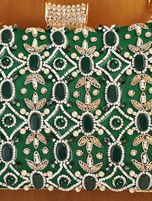 Green Rectangular Hand Embroidered Silk Clutch