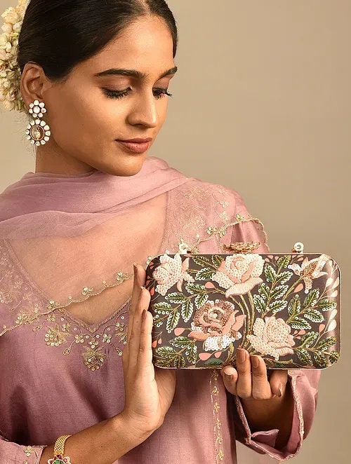 Black Hand Embroidered Rectangular Clutch with Floral Embroidary
