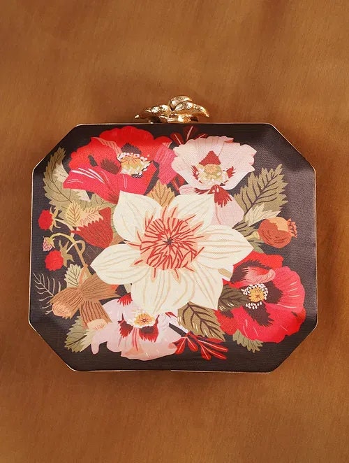 Black Hand Embroidered Square Clutch with Pink and Red Floral Embroidary