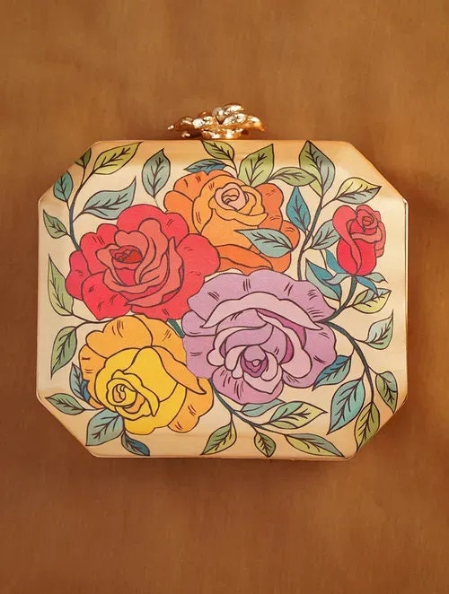 Yellow Hand Embroidered Square Clutch