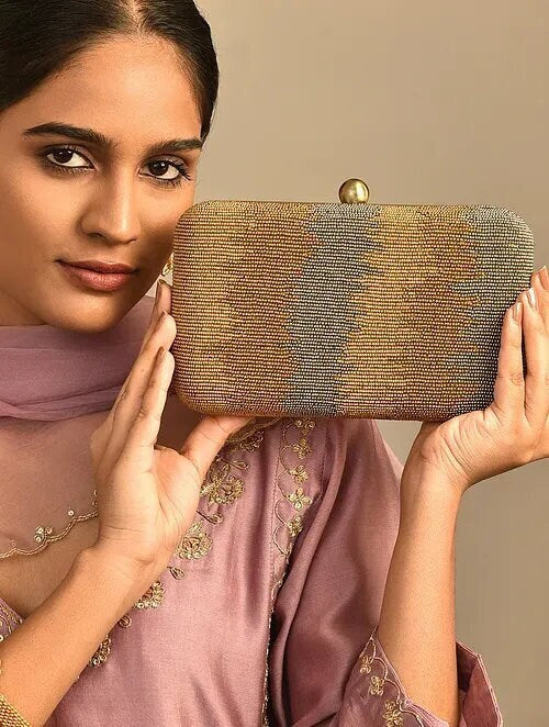 Silver and Gold Embroidered Silk Rectangular Clutch
