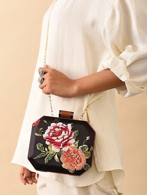 Black Hand Embroidered Square Clutch with Floral Bead Embroidary