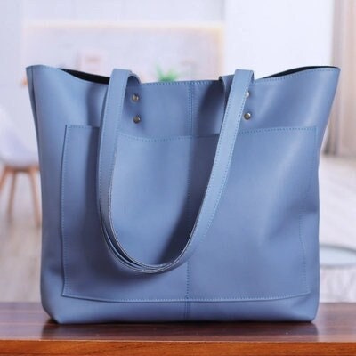 Blue High Quality Genuine Leather Tote Bag