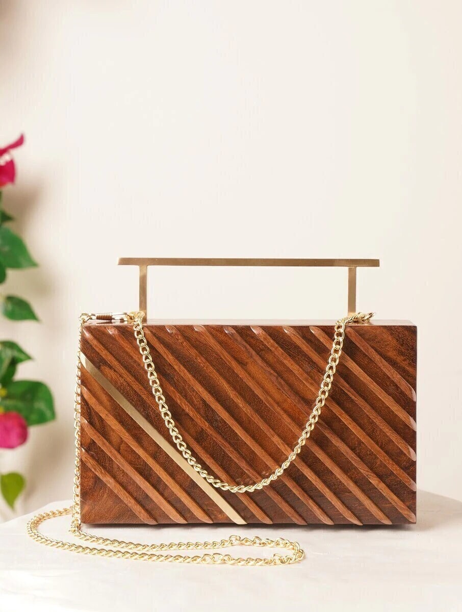 Rectangular Brown Handcrafted Wooden Sling Bag with Diagonal Engraving- Natural Wood Clutch