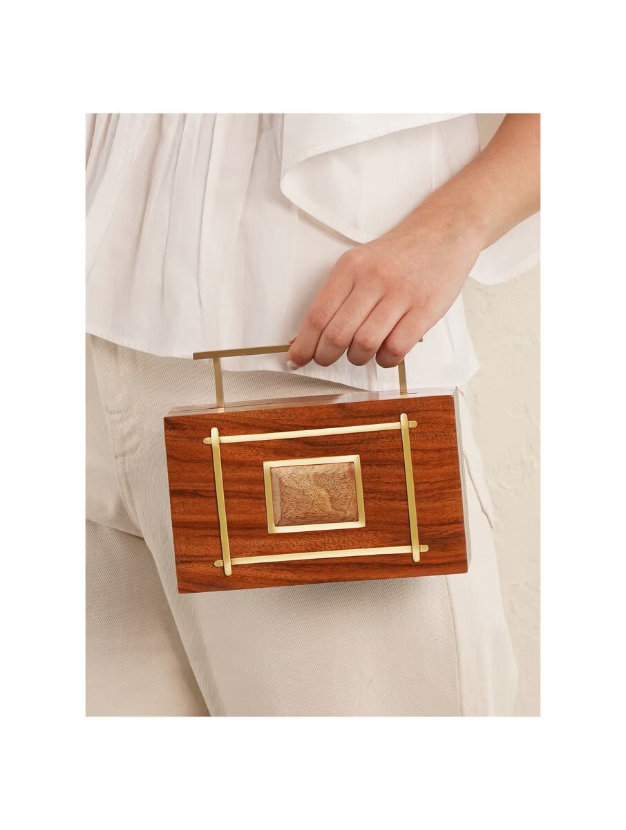 Rectangular Brown Handcrafted Wooden Sling Bag with brass embellishment - Natural Wood Clutch