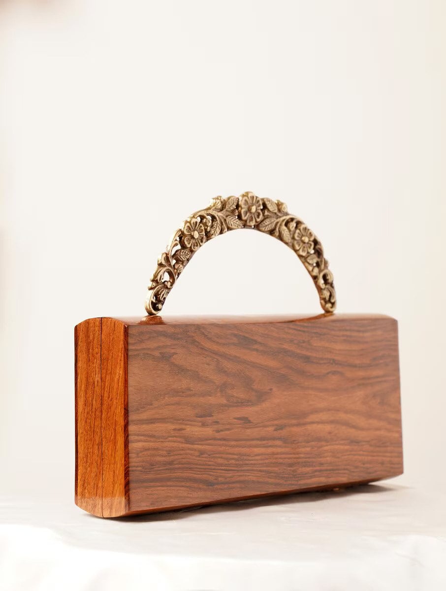 Rectangular Brown Handmade Wooden Sling Bag with Brass Embellished Handle - Natural Wood Clutch