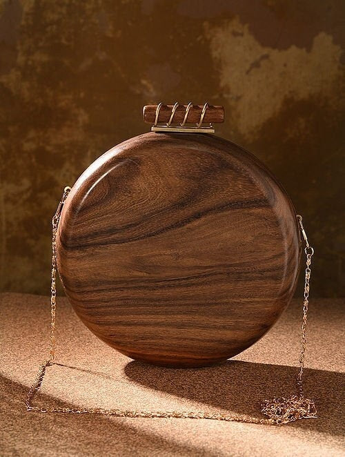 Circular Brown Handcrafted Wooden Clutch  - Engraved Natural Wood Sling Bag
