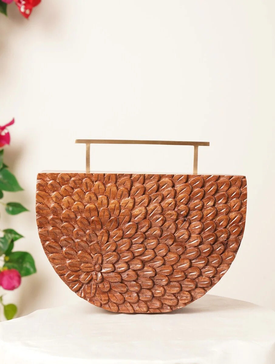 Semi Circular Brown Handcrafted Wooden Sling Bag - Engraved Natural Wood Clutch