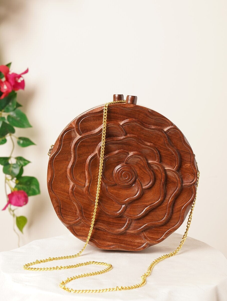 Circular Brown Handcrafted Wooden Sling Bag - Engraved Natural Wood Clutch