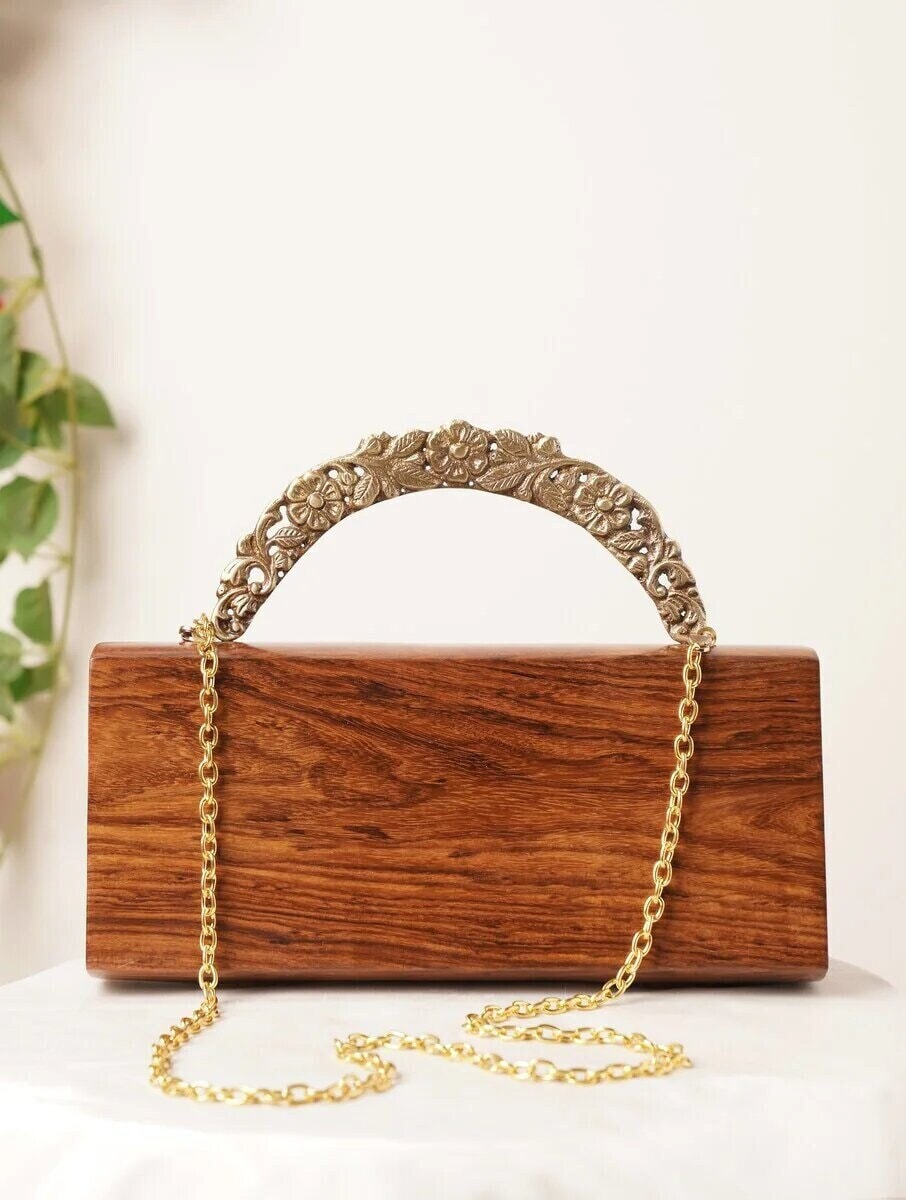 Rectangular Brown Handmade Wooden Sling Bag with Brass Embellished Handle - Natural Wood Clutch
