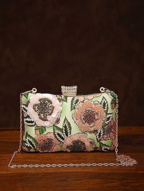 Green Rectangular Hand Embroidered Silk Clutch with Bead Work