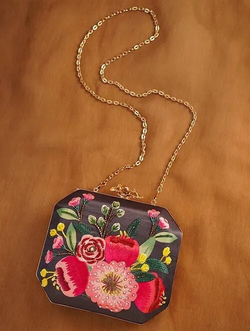 Black Hand Embroidered Square Clutch with Pink and Red Floral Bead Embroidary