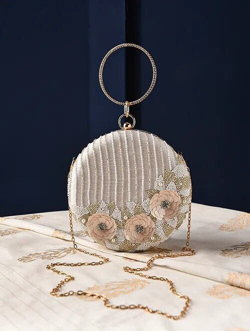 Off White Hand Embroidered Round Clutch with Bead Work