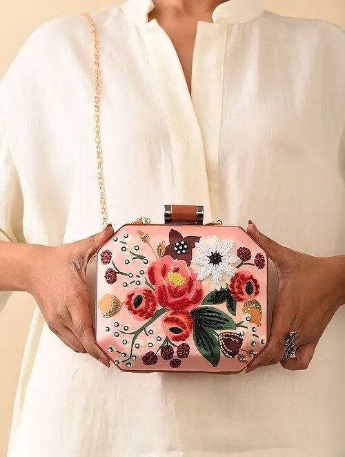 Peach Hand Embroidered Square Clutch