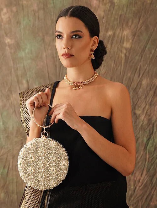 White Hand Embroidered Round Clutch with Bead Work