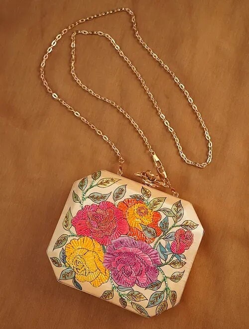 Yellow Hand Embroidered Square Clutch