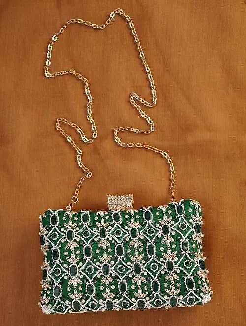 Green Rectangular Hand Embroidered Silk Clutch