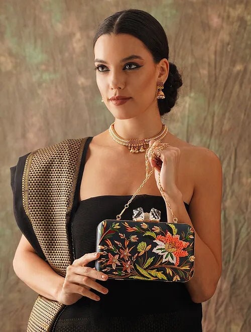 Black Embroidered Silk Rectangular Clutch with Gold Chain