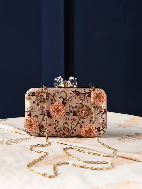 Peach Embroidered Silk Rectangular Clutch with Gold Chain
