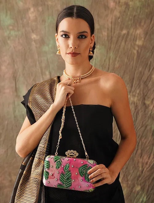 Pink Embroidered Silk Rectangular Clutch with Gold Chain