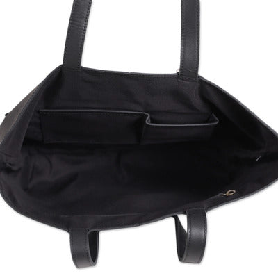 Black High Quality Genuine Leather Tote Bag with outside pockets